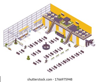 Isometric airport design example, arrival and departure zone, waiting area. With a cafe, chairs, benches, an excavator, self check-in desks and an inspection area