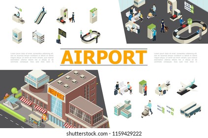 Isometric airport elements set with check-in desk escalator customs passport control departure board waiting hall baggage conveyor belt airplanes passengers workers vector illustration