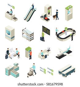 Isometric airport elements set with passengers staff building vehicles interior objects main zones and halls isolated vector illustration