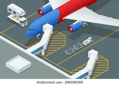 Aeropuerto isométrico embarcando en aviones Airbus. Pasajeros aéreos durante el embarque. puente aéreo móvil Jet Bridge en el aeropuerto