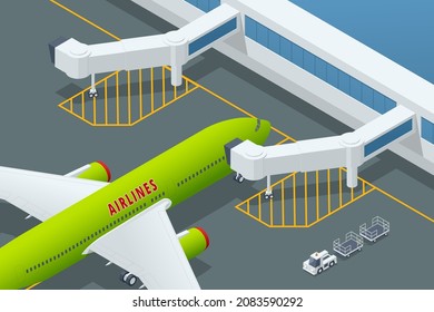 Aeropuerto isométrico embarcando en aviones Airbus. Pasajeros aéreos durante el embarque. puente aéreo móvil Jet Bridge en el aeropuerto