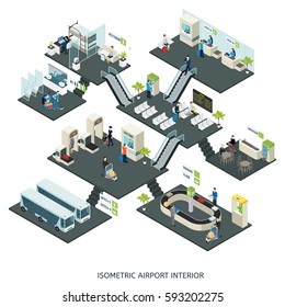 Isometric Airport Halls Composition With People Check-in Counter Terminal Customs Control Departure Gates Lounge Cafe Restroom Vector Illustration