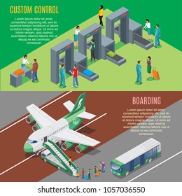 Isometric airport horizontal banners with security gates control and airplane boarding process vector illustration