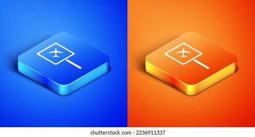 Isometric Airport icon isolated on blue and orange background. Square button. Vector