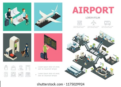 Isometric airport infographic concept with passengers airplane customs control departure board waiting hall buses snack bar baggage conveyor belt vector illustration