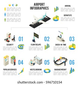 Isometric airport infographic concept with people airplane departure terminal halls zones objects and diagrams vector illustration