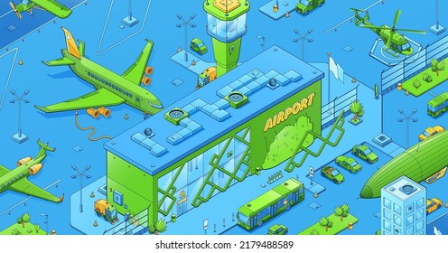 Isometric airport infrastructure and transport. Terminal building, helipad, airplane on runway, helicopter or blimp aircraft transportation, urban architecture and cars 3d vector line art illustration