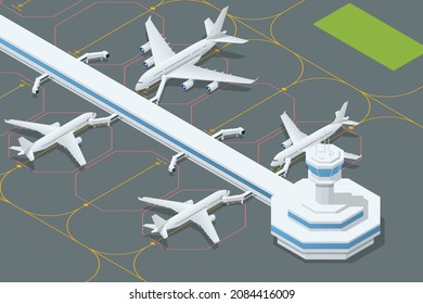 Isometric Airport with Many Airplanes. Aviation Industry. Passenger Jet Plane Parked to a Boarding Ramp