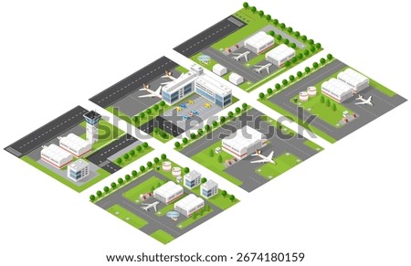 Isometric airport modules presenting various airport infrastructure elements, including control tower, hangars, airplanes, and ground support equipment