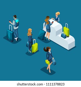 Isometric airport passengers pass passport control, business people with luggage are standing in line, business trip, vector illustration