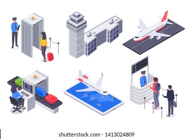 Isometric airport passengers. Tourism flight aircraft, business passenger with travel luggage suitcase vector illustration set