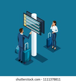 Isometric airport passengers watch the flight schedule and passport control plan, vector illustration