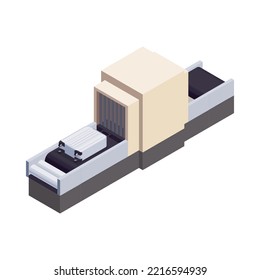 Isometric airport scanner conveyor belt with suitcase 3d vector illustration