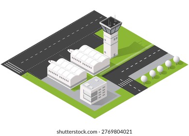 Isometric Airport Scene With Control Tower, Runways, Hangars And Terminal