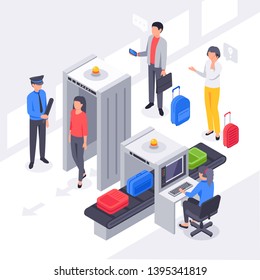 Isometric Airport Security. X Ray Check Passengers Baggage Scanning, Travelers Luggage Scan And Metal Detectors Vector Illustration