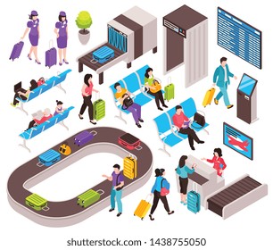 Isometric airport set with isolated elements of airport terminal zones with electronic devices and human characters vector illustration