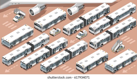 Isometric airport terminal airfield transfer bus shuttle. 3D vehicle icon set isometric stairs and follow me isolated white car vector illustration