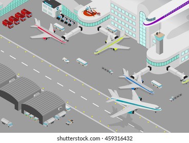 Isometric airport, terminal, plains, buses, police cars, helicopter, passenger airplane, building, airport railway