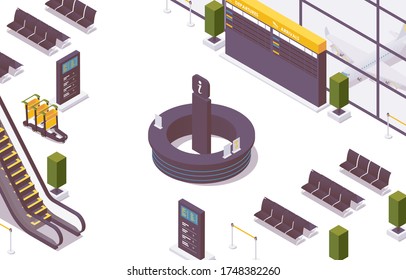 Isometric Airport Or Train Station Information Counter Desk Interior Scene