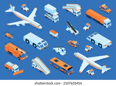 Isometric airport transport color set with isolated icons of trucks buses ladders and big airplane images vector illustration