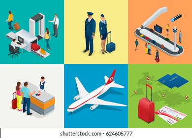 Isometric Airport Travel and transport Icons. Isolated people, airport terminal, airplane, traveler man and woman, airport runway, plane, runway, airport security.