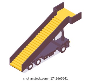 Isometric airport vehicle. Passenger stairs machine with yellow steps