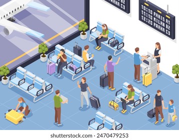 Sala de espera isométrica del aeropuerto. Zona de salida con pasajeros con maletas y maletas. Viajeros esperan el embarque en el avión, escena de Vector impecable