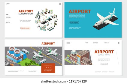 Isometric airport websites collection with airplane buildings airlines customs and passport controls check-in desk buses passengers escalator baggage conveyor belt vector illustration