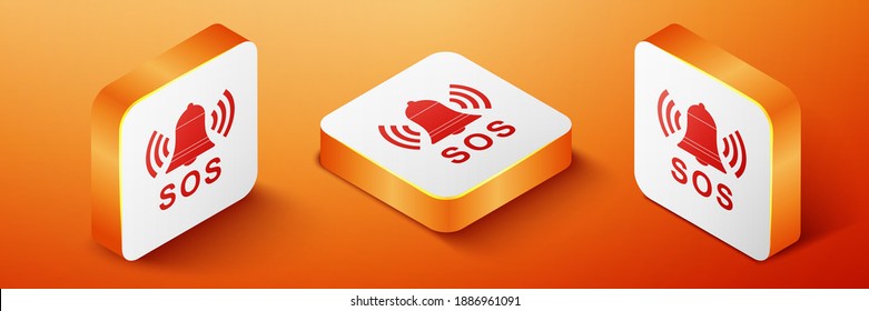 Isometric Alarm bell and SOS lettering icon isolated on orange background. Warning bell, help sign. Emergency SOS button. Orange square button. Vector.