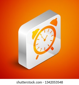 Isometric Alarm clock icon isolated on orange background. Wake up, get up concept. Time sign. Silver square button. Vector Illustration