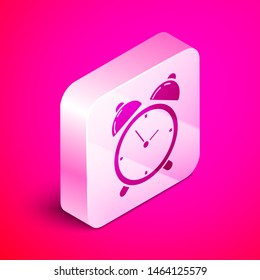 Isometric Alarm clock icon isolated on pink background. Wake up, get up concept. Time sign. Silver square button. Vector Illustration