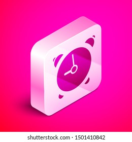 Isometric Alarm clock icon isolated on pink background. Wake up, get up concept. Time sign. Silver square button. Vector Illustration