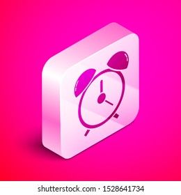 Isometric Alarm clock icon isolated on pink background. Wake up, get up concept. Time sign. Silver square button. Vector Illustration
