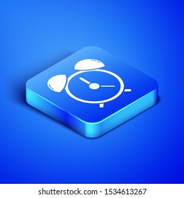 Isometric Alarm clock icon isolated on blue background. Wake up, get up concept. Time sign. Blue square button. Vector Illustration