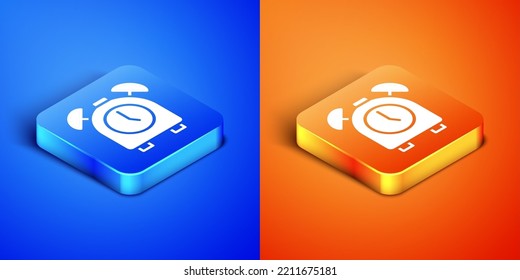 Icono de reloj de alarma isométrica aislado en fondo azul y naranja. Despierten, levanten el concepto. Signo de tiempo. Botón cuadrado. Vector