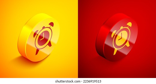 Isometric Alarm clock icon isolated on orange and red background. Wake up, get up concept. Time sign. Circle button. Vector