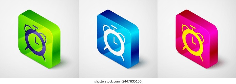 Isometric Alarm clock icon isolated on grey background. Wake up, get up concept. Time sign. Square button. Vector