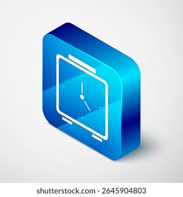 Ícone isométrico do relógio despertador isolado no plano de fundo cinza. Acorde, levante o conceito. Sinal de tempo. Botão quadrado azul. Vetor
