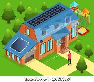 Isometric alarm installation in house concept with face eye or hand biometric identification vector illustration  