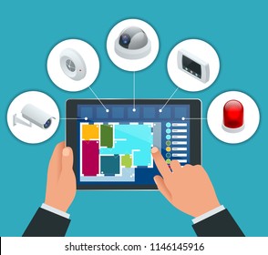 Isometric Alarm System Home. Home Security. Security Alarm Keypad With Person Arming The System. Access, Alarm Zones, Security System Panel