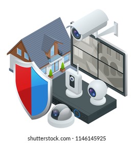 Isometric Alarm System Home. Home Security. Security Alarm Keypad With Person Arming The System. Access, Alarm Zones, Security System Panel