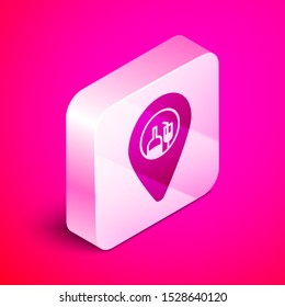 Isometric Alcohol or beer bar location icon isolated on pink background. Symbol of drinking, pub, club, bar. Silver square button. Vector Illustration