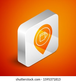 Isometric Alcohol or beer bar location icon isolated on orange background. Symbol of drinking, pub, club, bar. Silver square button. Vector Illustration