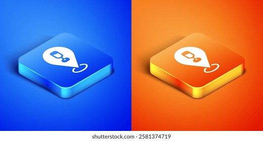 Isometric Alcohol or beer bar location icon isolated on blue and orange background. Symbol of drinking, pub, club, bar. Square button. Vector