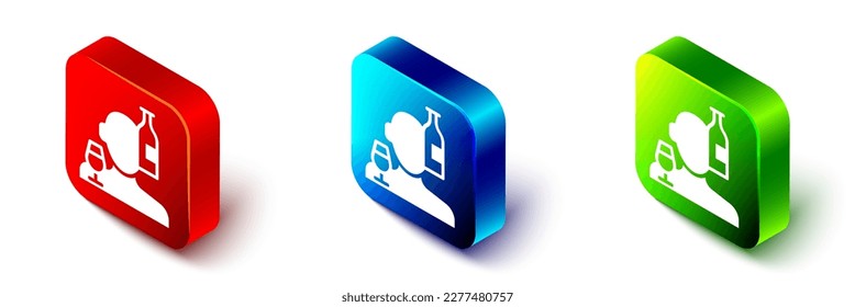 Isometric Alcoholism, or alcohol use disorder icon isolated on white background. Red, blue and green square button. Vector