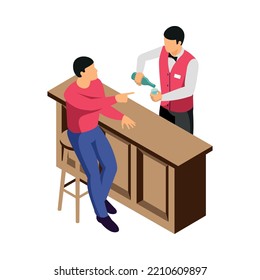 Isometric Alcoholism Concept With Man Drinking Alcohol In Bar 3d Vector Illustration