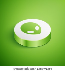 Isometric Alien icon isolated on green background. Extraterrestrial alien face or head symbol. White circle button. Vector Illustration