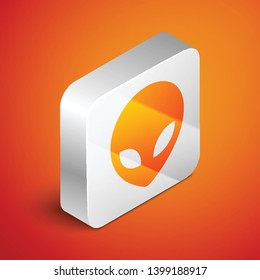 Isometric Alien icon isolated on orange background. Extraterrestrial alien face or head symbol. Silver square button. Vector Illustration