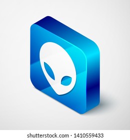 Isometric Alien icon isolated on white background. Extraterrestrial alien face or head symbol. Blue square button. Vector Illustration