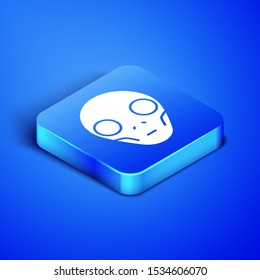 Isometric Alien icon isolated on blue background. Extraterrestrial alien face or head symbol. Blue square button. Vector Illustration